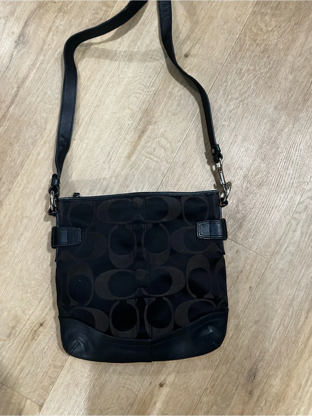 Coach Dark Brown Signature Canvas Shoulder Bag with Black Leather Trim